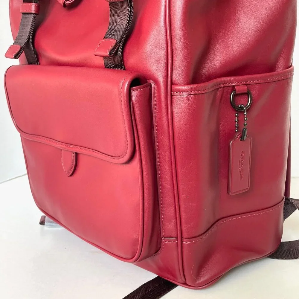 Coach League Flap Backpack Dark Ruby Leather Laptop Bag Mens